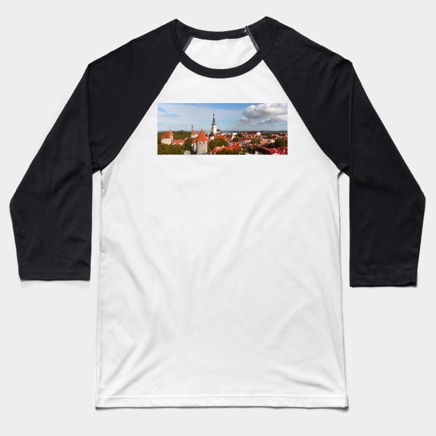 View from Toompea of the Lower Town, Old Town with Olai's Church or Oleviste Kirik, and a tower of the city wall, Tallinn, Estonia, Europe Baseball T-Shirt by Kruegerfoto